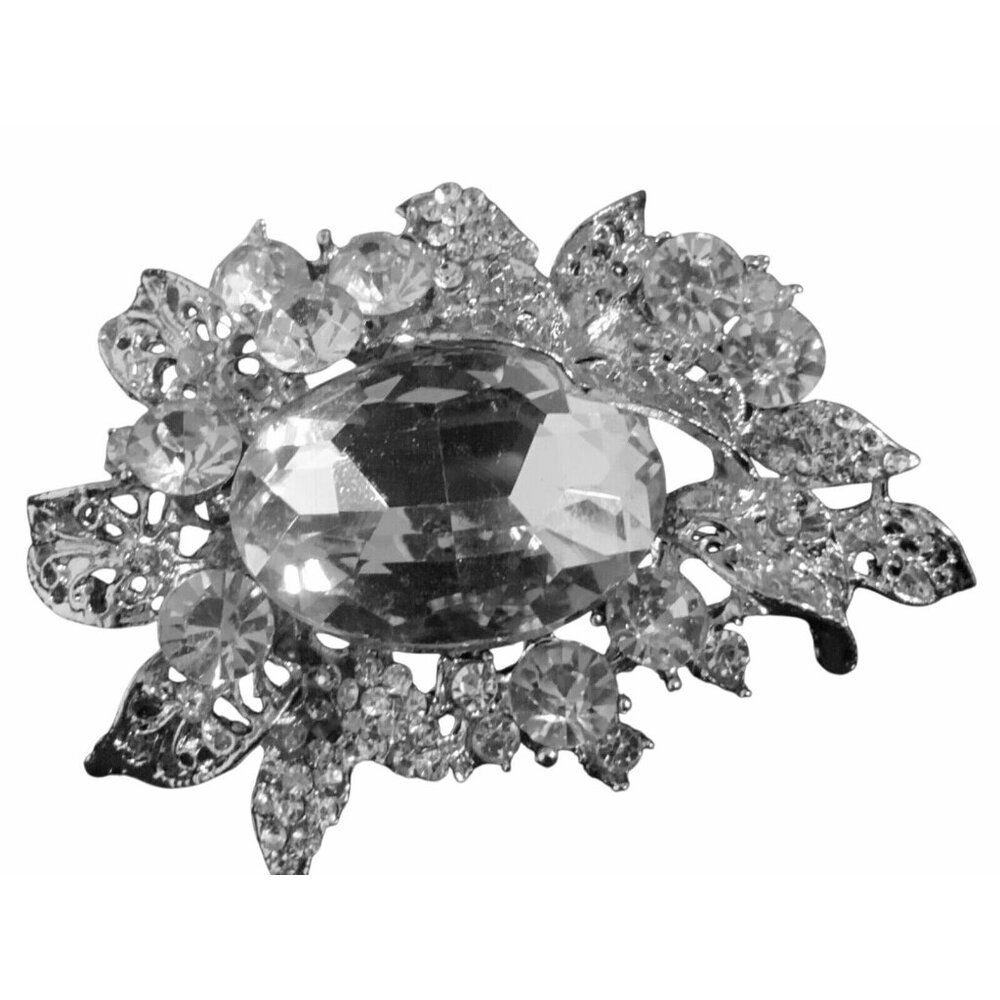 Vintage Rhinestone Floral Brooch Pin Silver Tone Crystal Oval Centerpiece